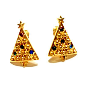 Vintage Christmas Tree Clip On Earrings Gold Tone Multicolor Rhinestones Holiday